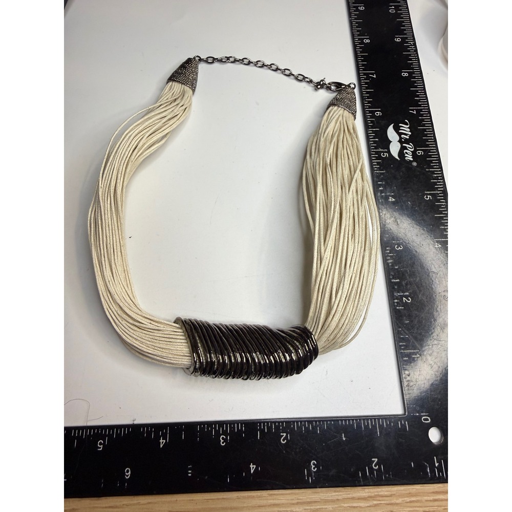 Cream Multi Strand Cord Statement Necklace Gunmetal Coil Slider Boho Chunky